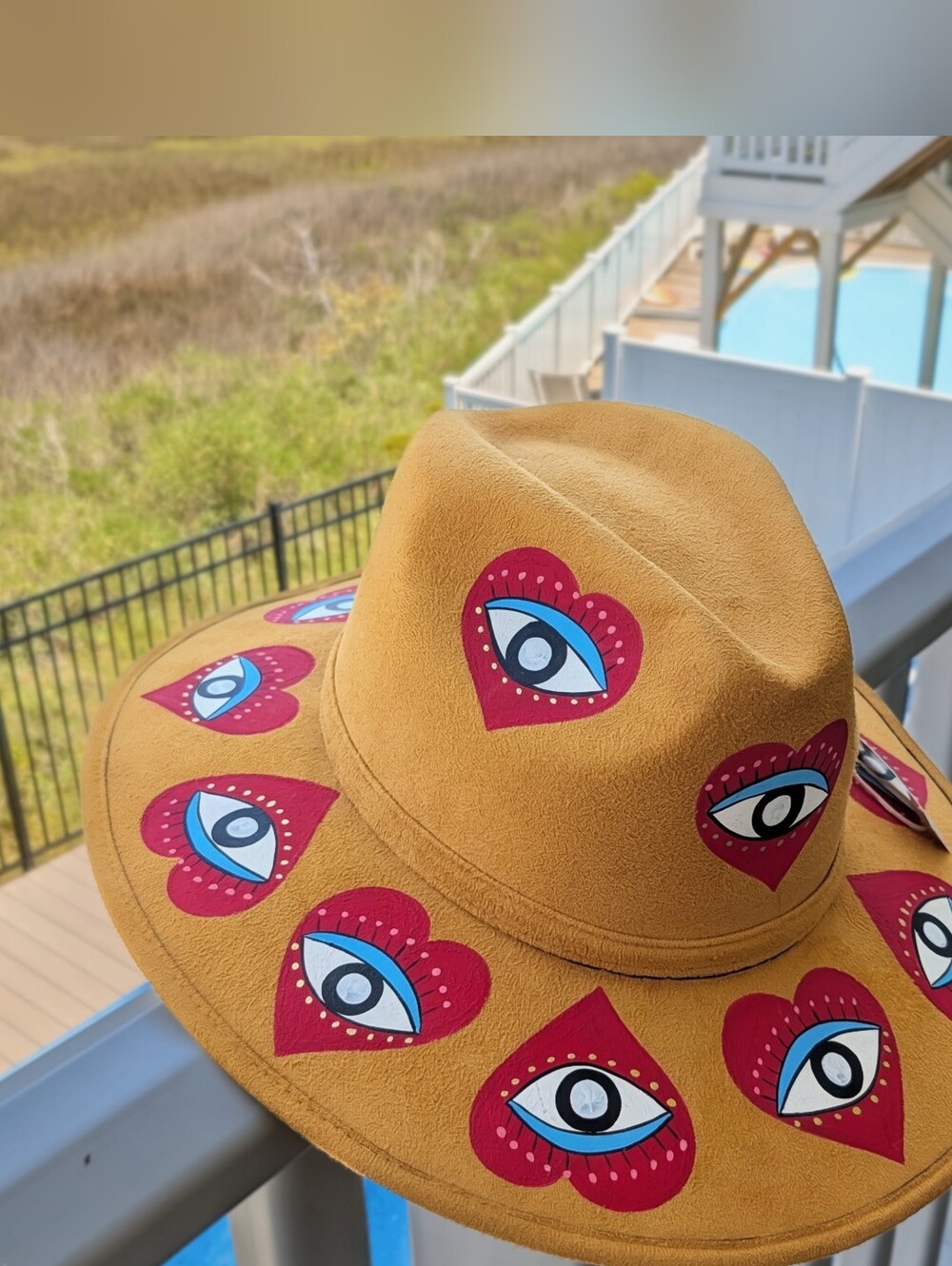 Hand Painted Boho Cowgirl Evil Eye Wide-Brim Cowboy Hat with Red Hearts